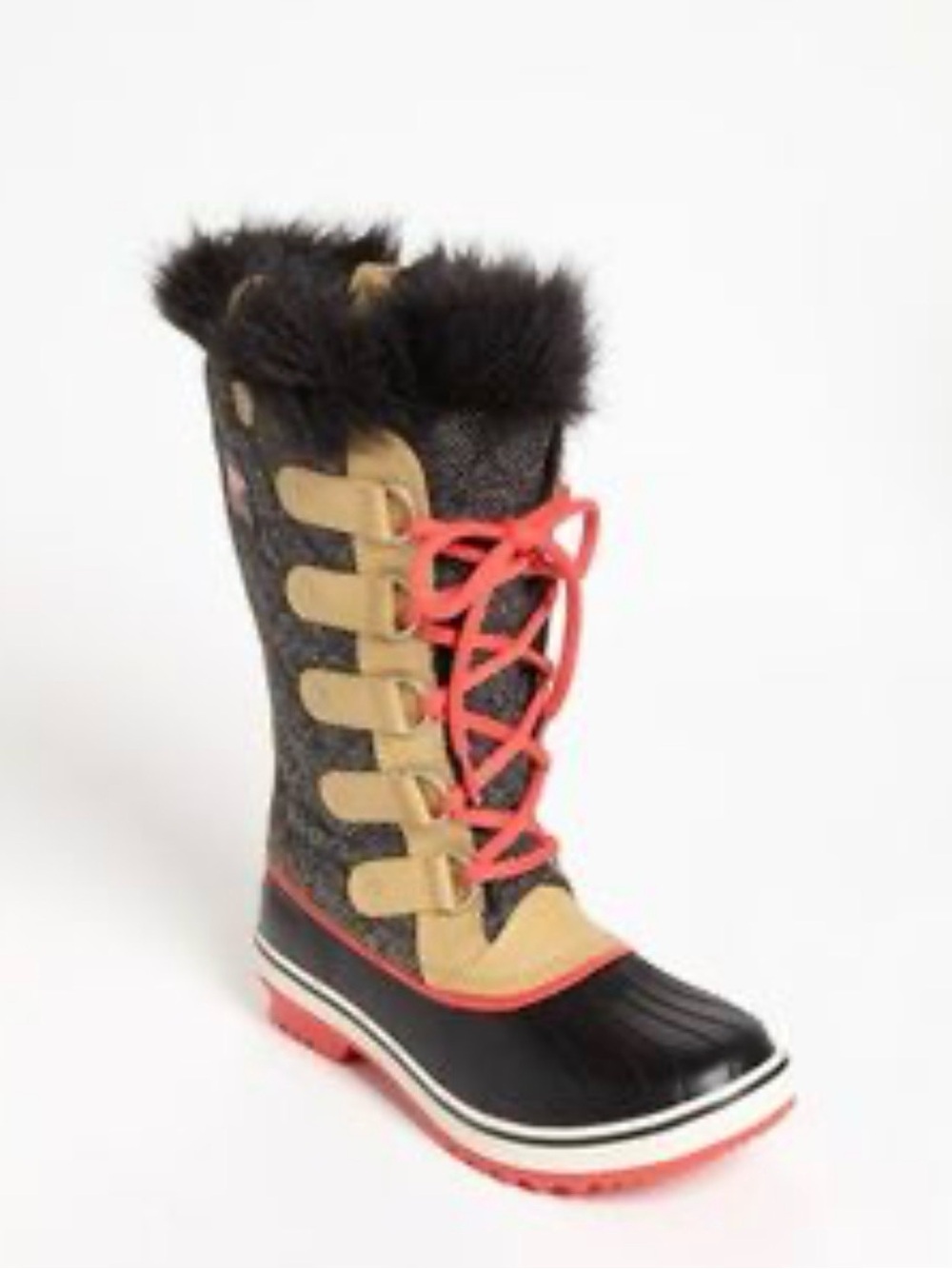 Sorel Tofino Women Black, Tan & Red Tall Winter Boot with Faux Fur Cuff